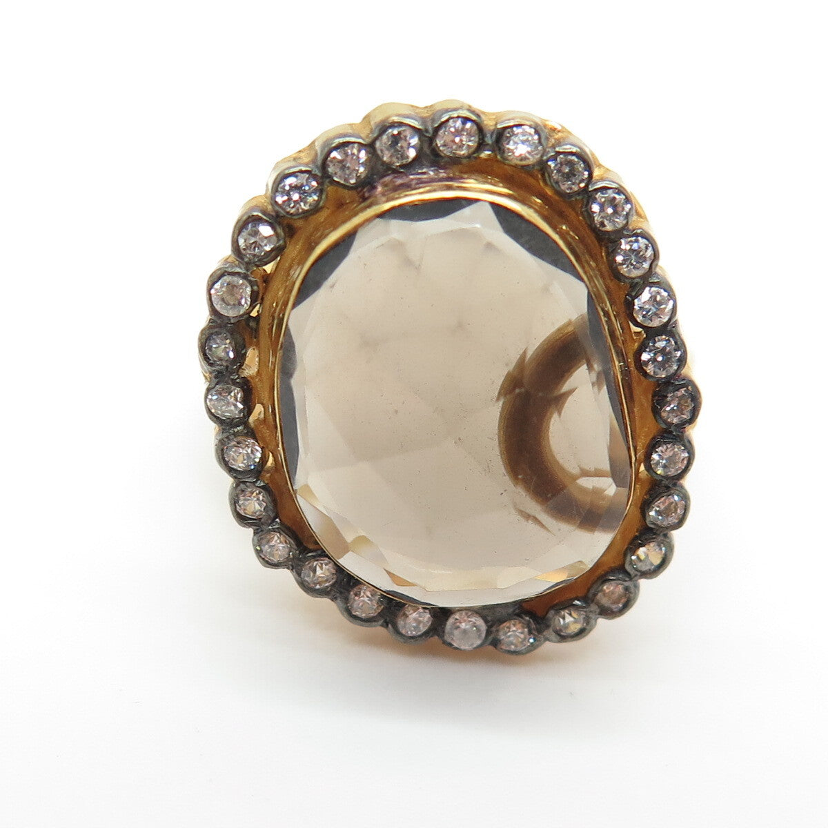 925 Sterling Silver Gold Plated Vintage Real Smoky Quartz & C Z Ring Size 6.5