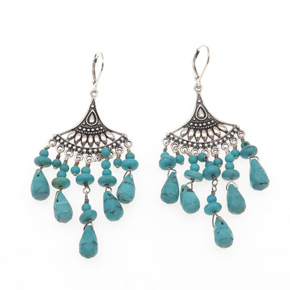 SX Sally C 925 Sterling Silver Vintage Real Turquoise Chandelier Dangle Earrings