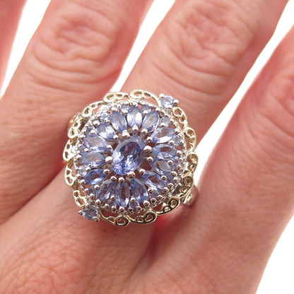 Chuck Clemency 925 Sterling Silver 2-Tone Real Tanzanite Floral Ring Size 8.25