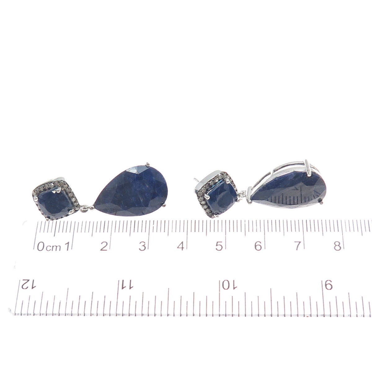 925 Sterling Silver Real Diamond & Sapphire Dangle Earrings