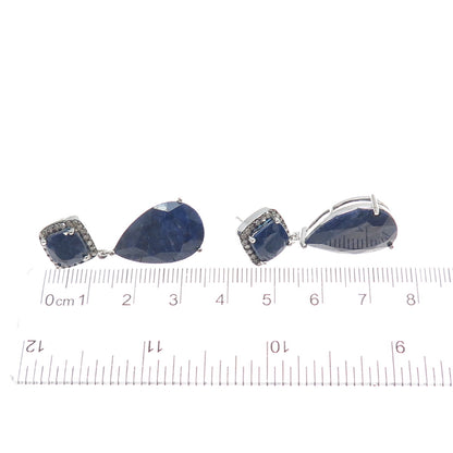 925 Sterling Silver Real Diamond & Sapphire Dangle Earrings