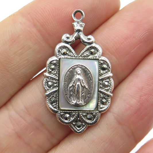 THEDA Sterling Silver Antique Real MOP & Marcasite St. Mary Religious Pendant