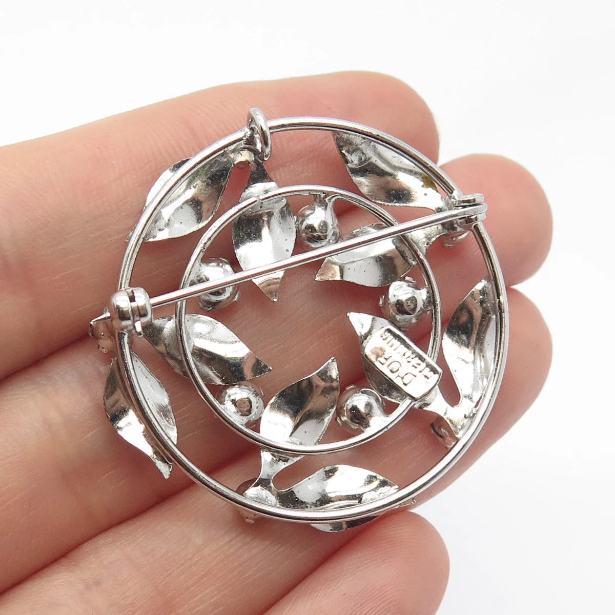 925 Sterling Silver Antique D'OR Rhinestone Leaves Round Pin Brooch