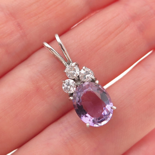 925 Sterling Silver Vintage Real Oval-Cut Amethyst & C Z Mini Charm Pendant