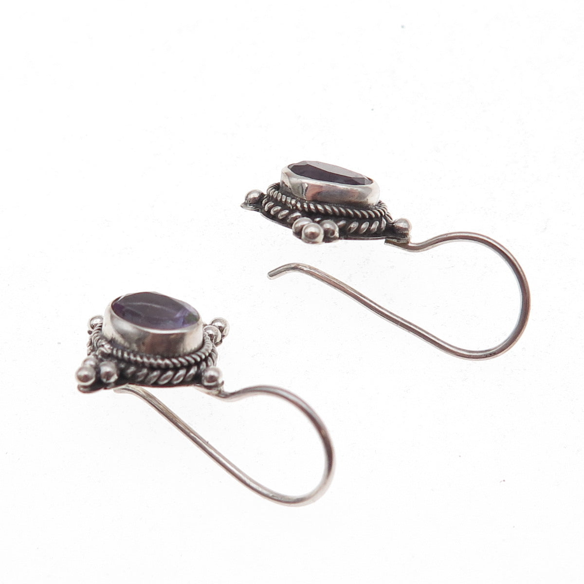 925 Sterling Silver Vintage Real Amethyst Beaded Oxidized Earrings
