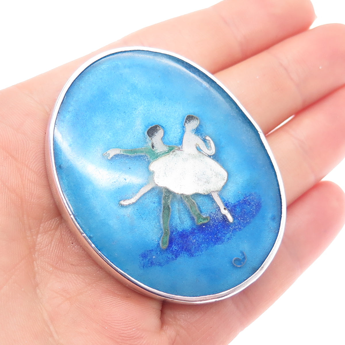 925 Sterling Silver Vintage Enamel Black Swan Ballet Dancers Slide Pendant