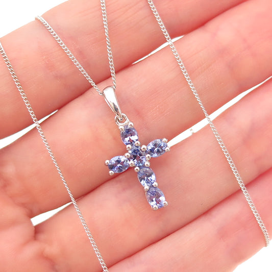 Chuck Clemency 925 Sterling Silver Real Tanzanite Cross Cuban Chain Necklace 20"