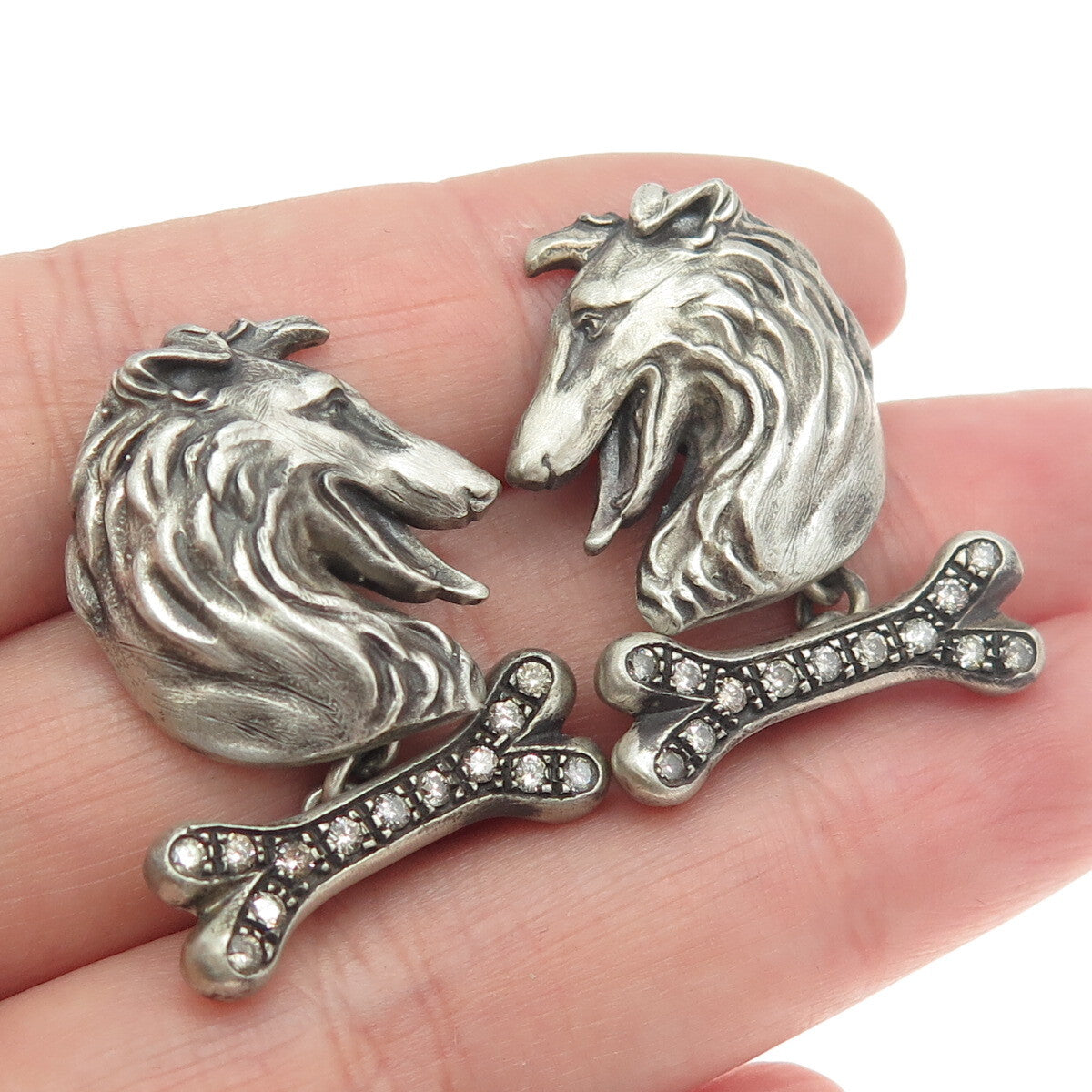 925 Sterling Silver Vintage Real Round-Cut White Diamond Collie Dog Cufflinks