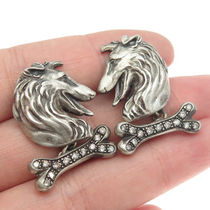 925 Sterling Silver Vintage Real Round-Cut White Diamond Collie Dog Cufflinks