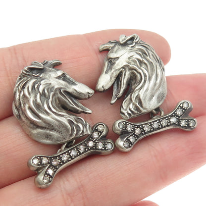 925 Sterling Silver Vintage Real Round-Cut White Diamond Collie Dog Cufflinks