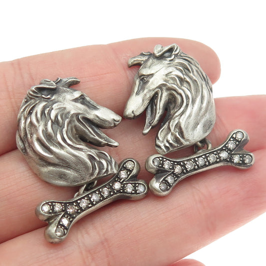 925 Sterling Silver Vintage Real Round-Cut White Diamond Collie Dog Cufflinks