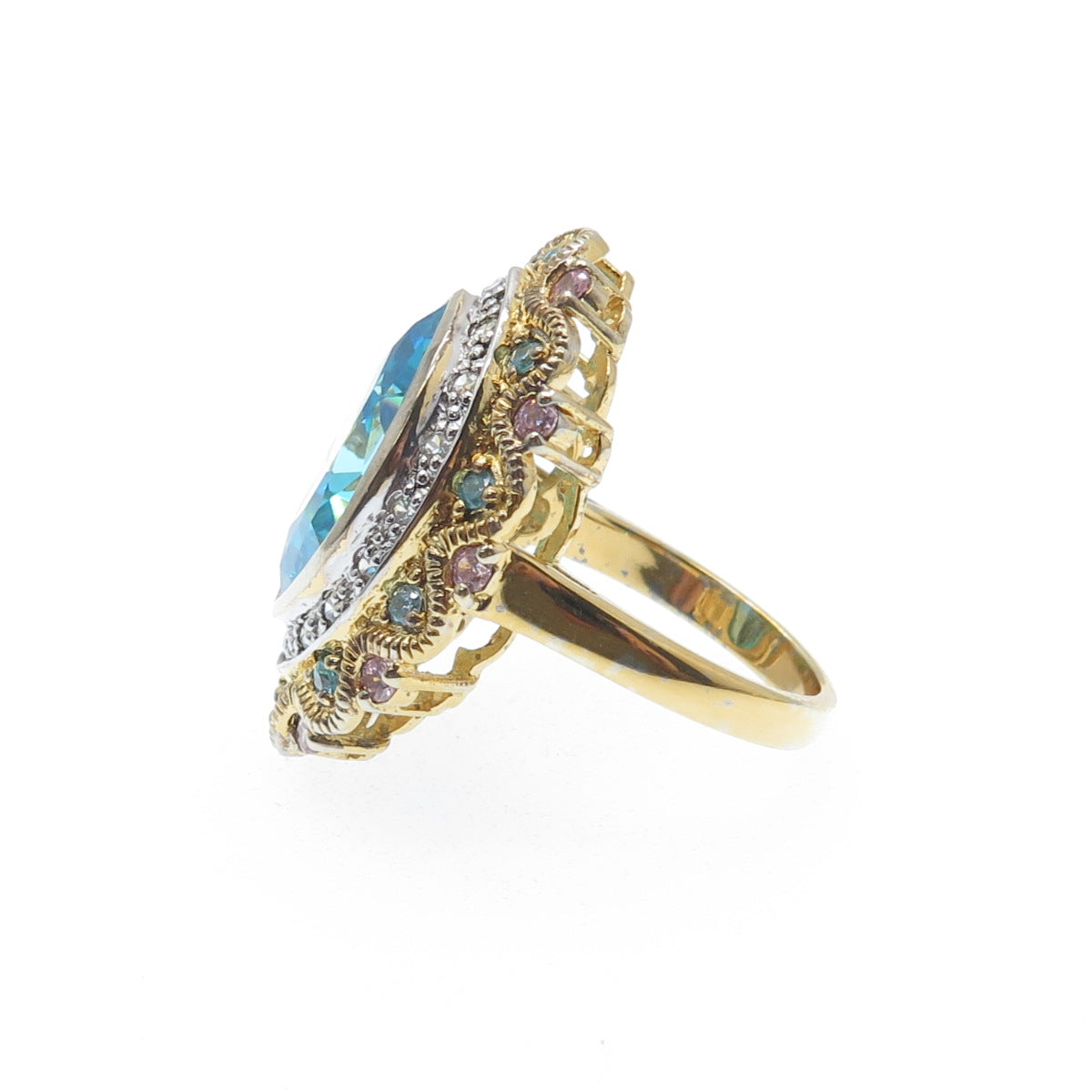 925 Sterling Silver Gold Plated ADI Multi-Color C Z Cluster Ring Size 6.75