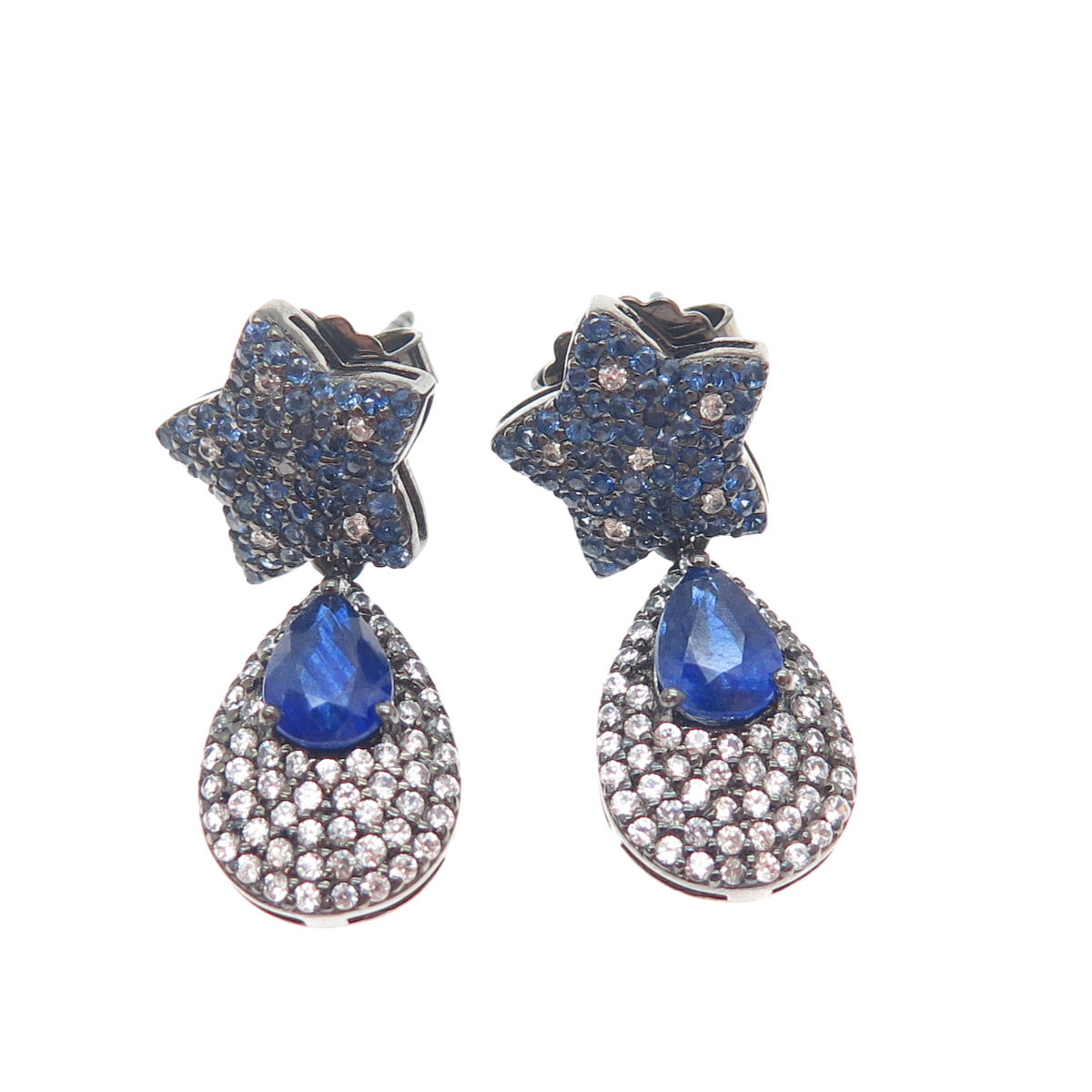 DSMK 925 Sterling Silver Black Rhodium Real Sapphire & Topaz Dangle Earrings