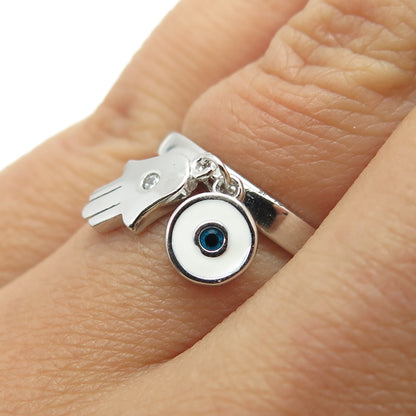 925 Sterling Silver Enamel Round-Cut C Z Hamsa Evil's Eye Charm Ring Size 6