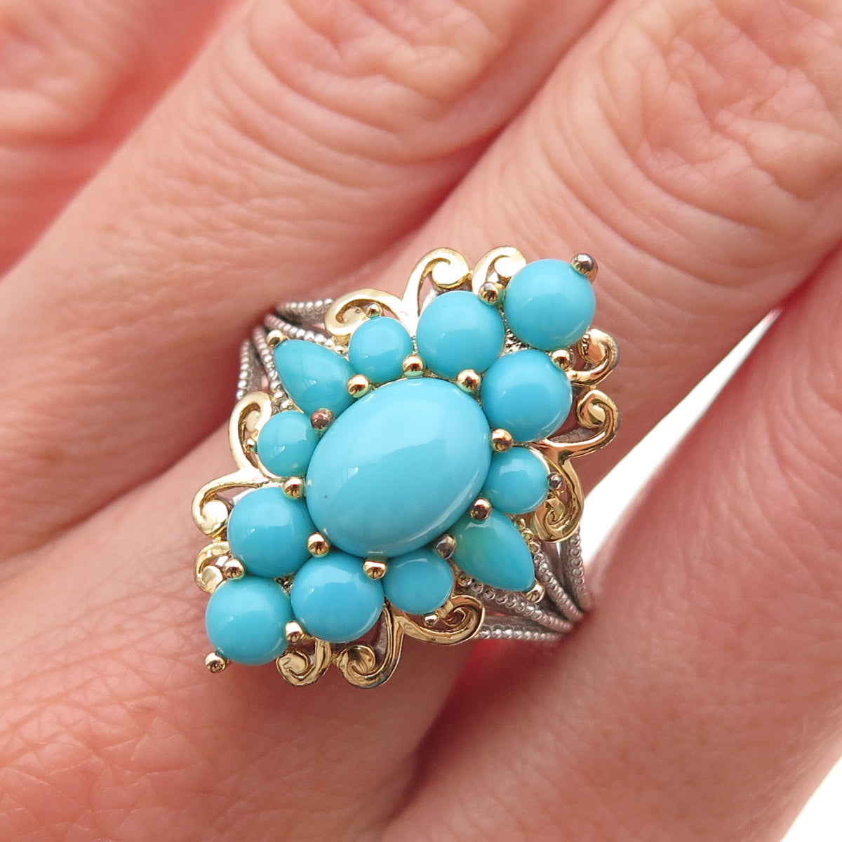 925 Sterling Silver 2-Tone Real Sleeping Beauty Turquoise Floral Ring Size 8.25