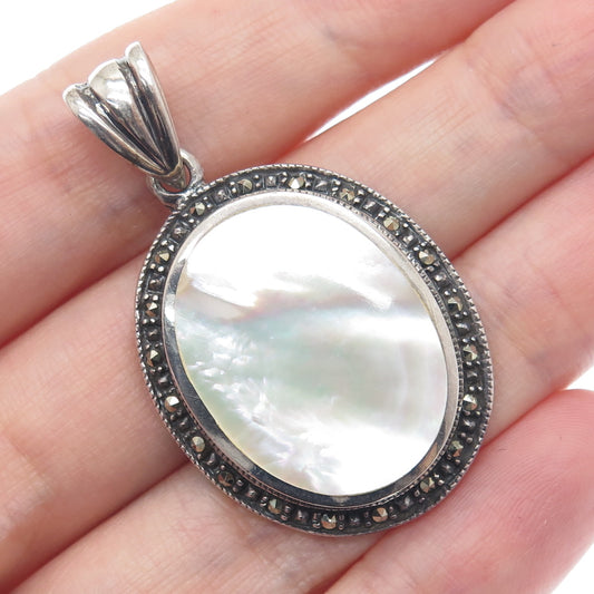 MAR SILVER JEWELRY 925 Sterling Vintage Real MOP & Marcasite Oxidized Pendant