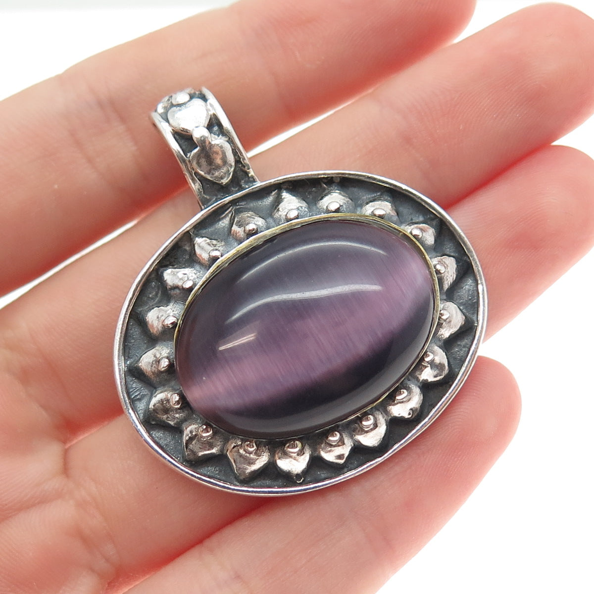 925 Sterling Silver Vintage Real Cabochon Purple Tiger Eye Sun Oxidized Pendant