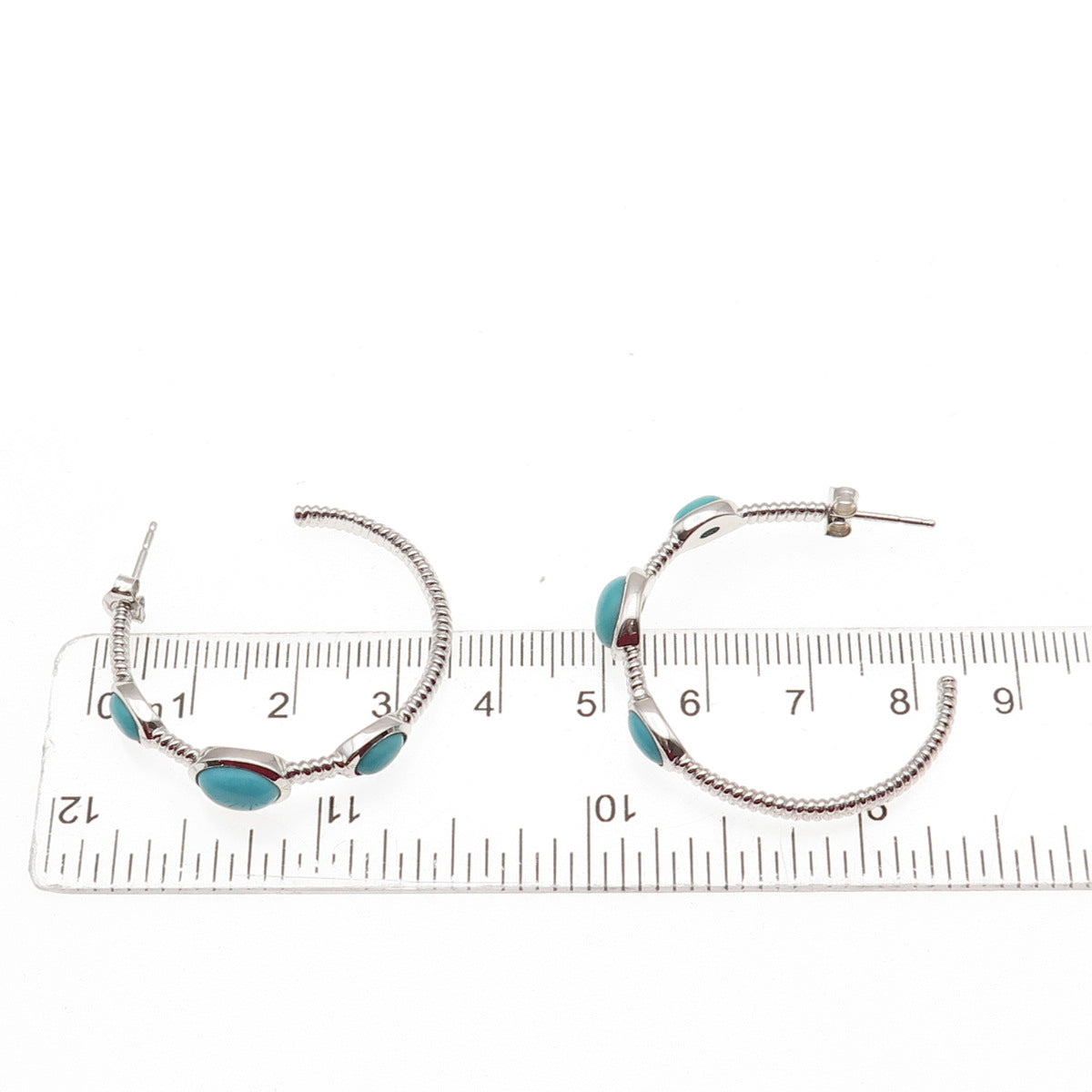 925 Sterling Silver Real Turquoise Station Hoop Earrings