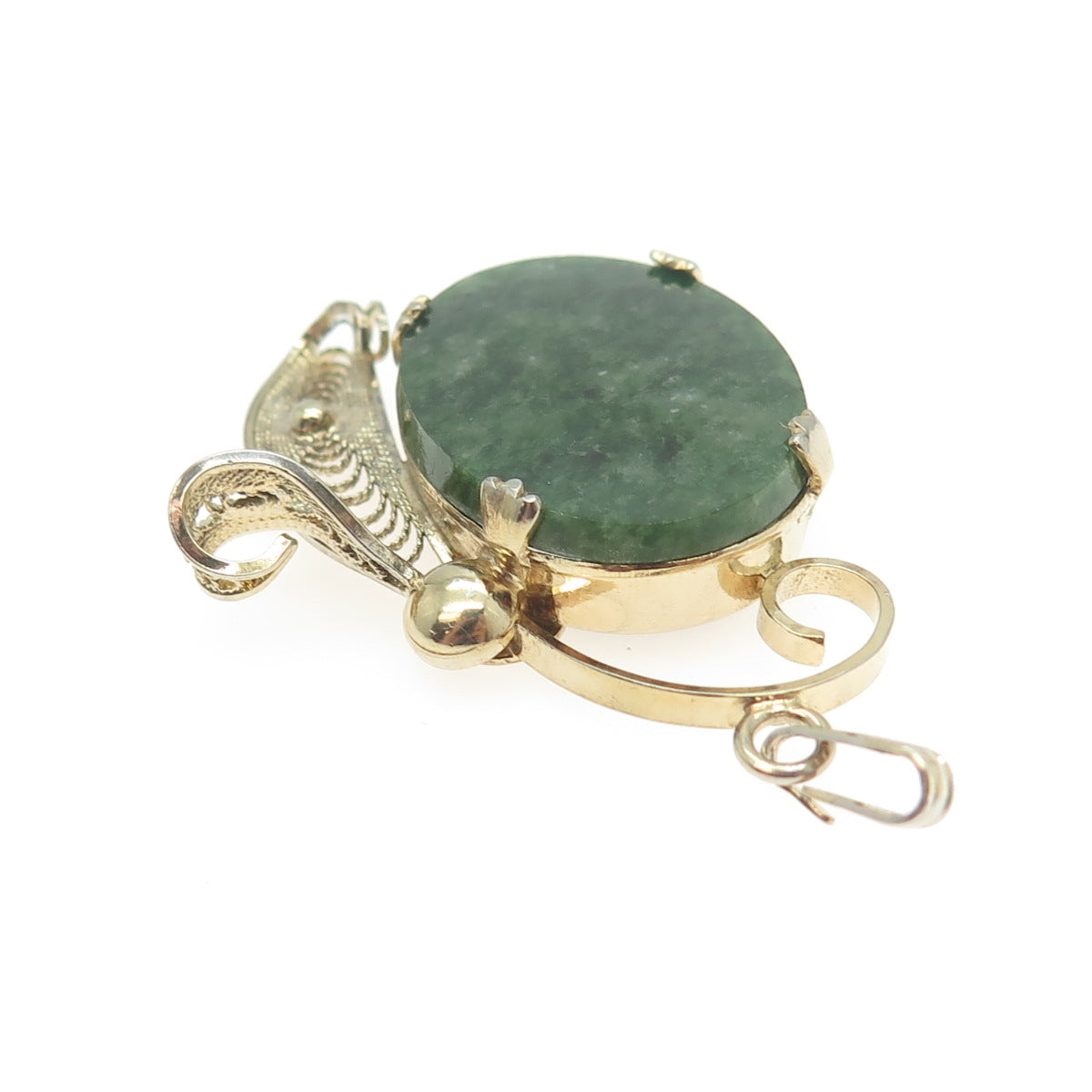 SORRENTO 925 Sterling Silver Gold Plated Vintage Real Jade Filigree Pendant