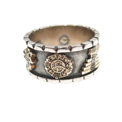 925 Sterling Silver 2-Tone Vintage Mayan Oxidized Band Ring Size 8.5