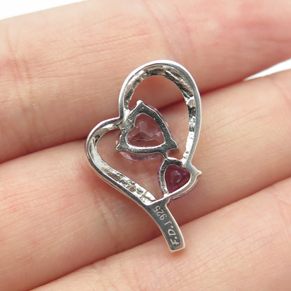 925 Sterling Silver Real White Diamond Accent & Amethyst Gem Heart Slide Pendant