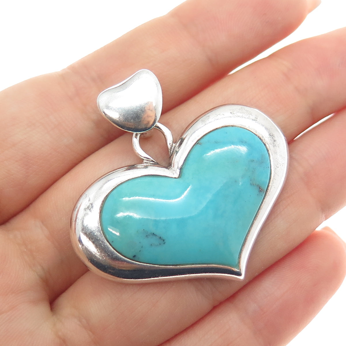 SX SALLY C 925 Sterling Silver Vintage Real Tyrone Turquoise Heart Charm Pendant