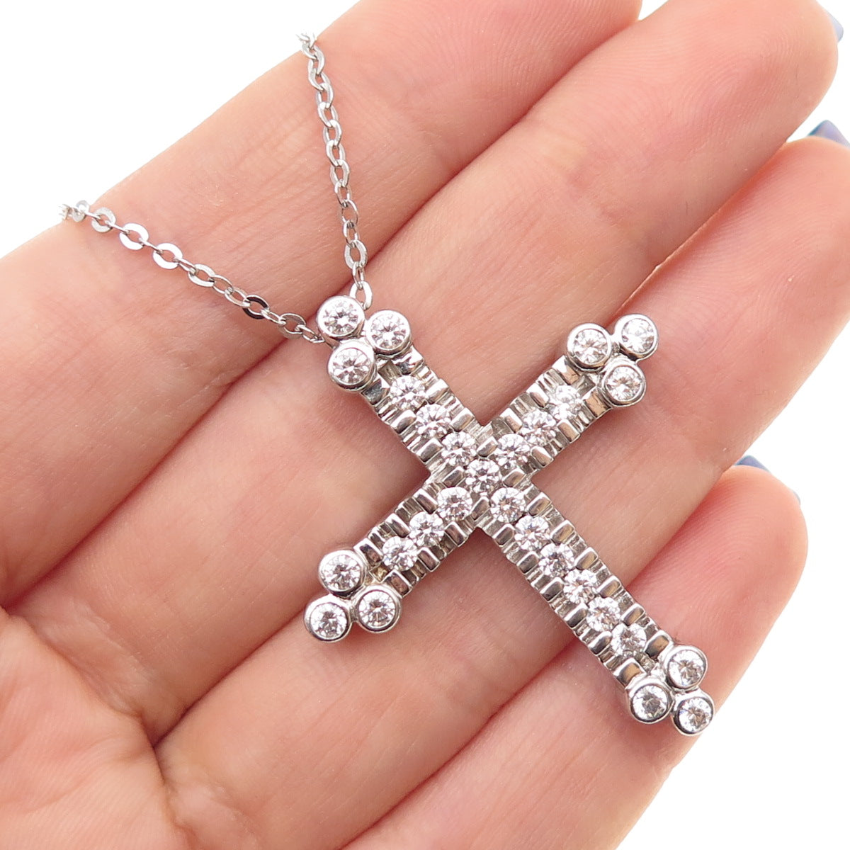 925 Sterling Silver Round-Cut C Z Cross Cable Chain Necklace 16-18"