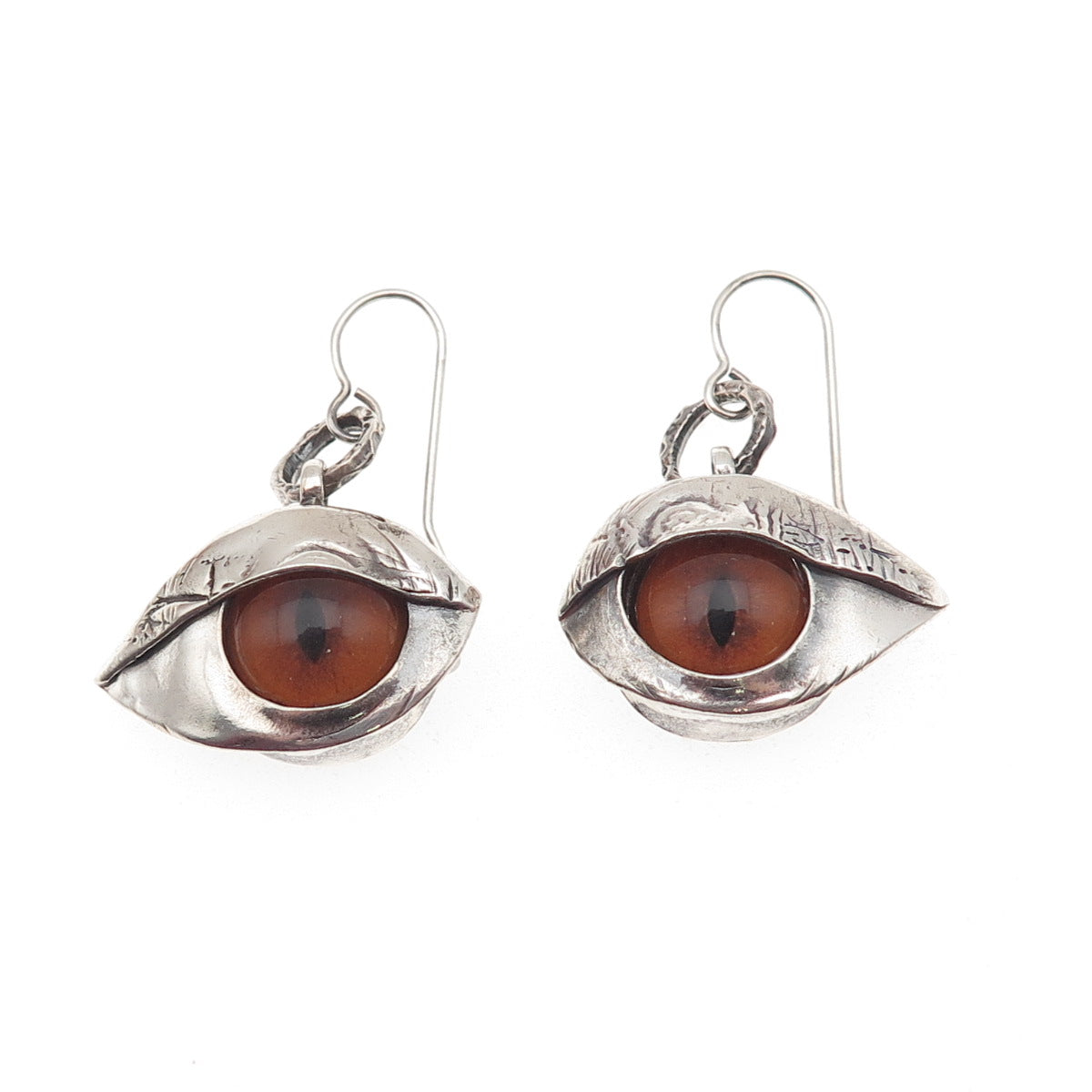 925 Sterling Silver Vintage Glass Modernist Evil's Eye Oxidized Dangle Earrings