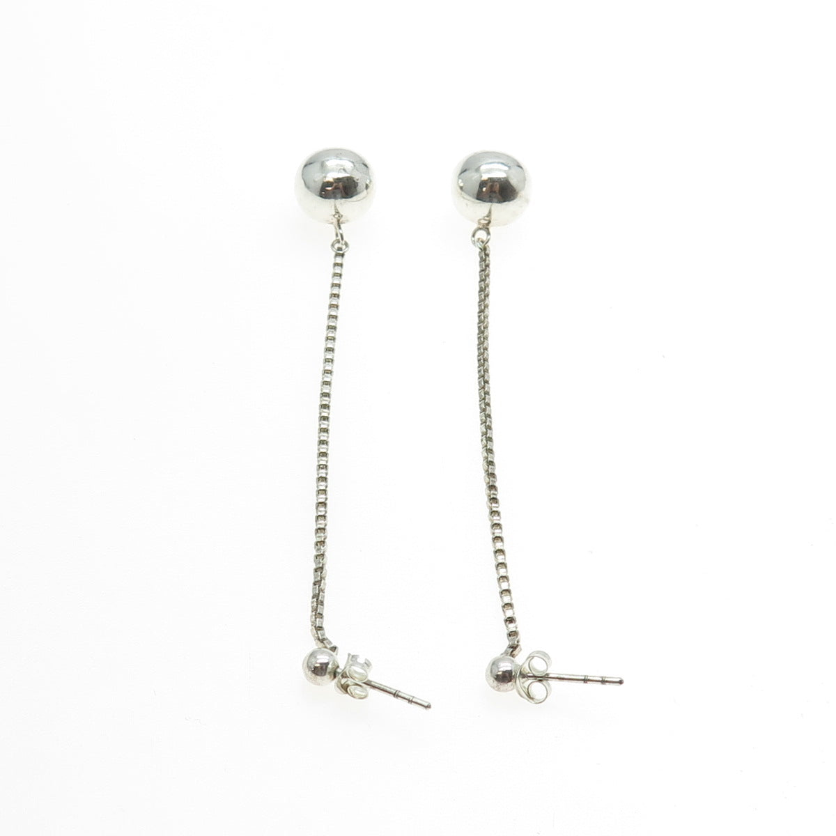 925 Sterling Silver Box Link Drop Ball Dangling Earrings