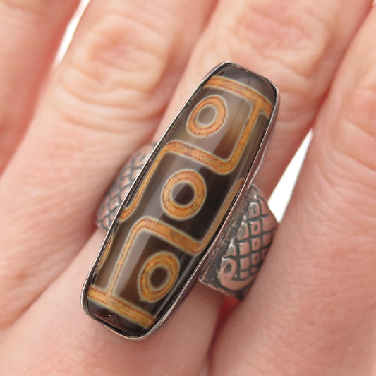 925 Sterling Silver Vintage Real 3-Eye Tibetan Agate Dzi Oxidized Ring Size 9