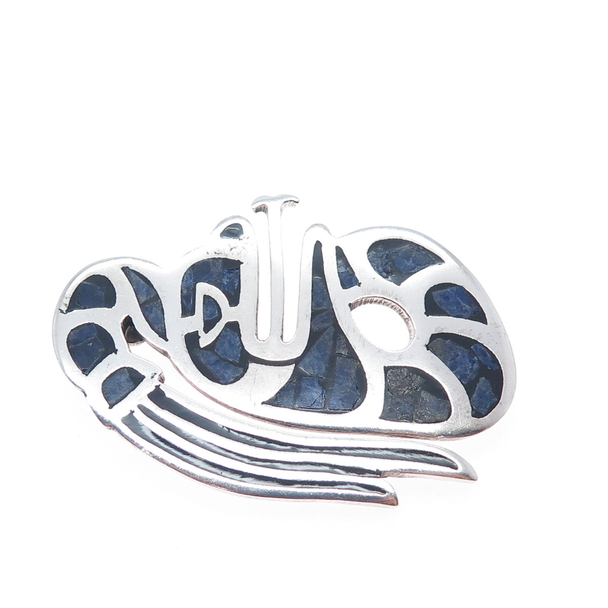 925 Sterling Silver Vintage Mexico Real Sodalite Aztec God Pin Brooch / Pendant