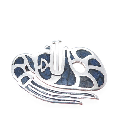 925 Sterling Silver Vintage Mexico Real Sodalite Aztec God Pin Brooch / Pendant