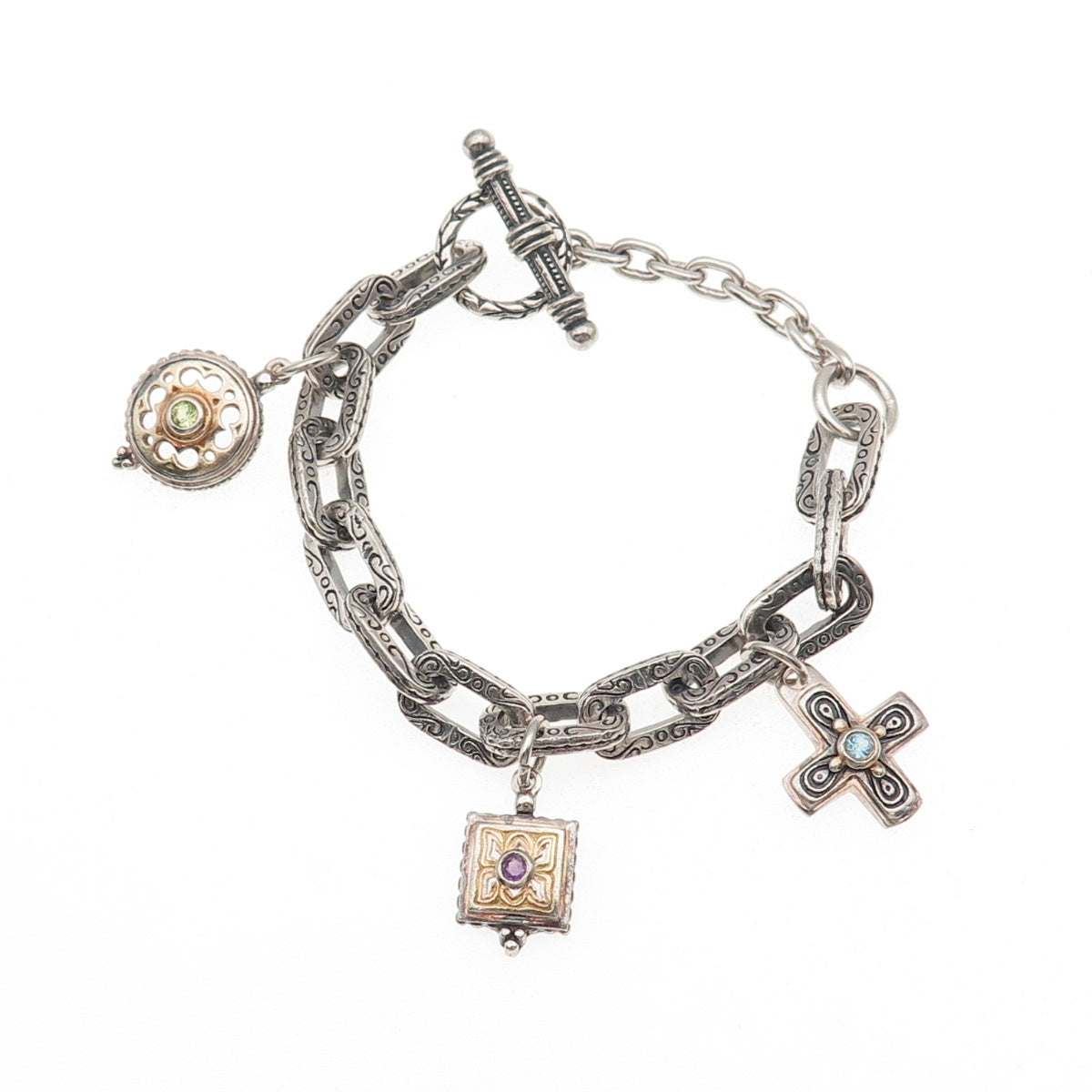 925 Sterling 2-Tone Vintage Amethyst Peridot & Topaz Multi-Charm Bracelet 6.75"