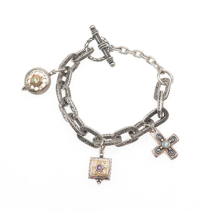 925 Sterling 2-Tone Vintage Amethyst Peridot & Topaz Multi-Charm Bracelet 6.75"