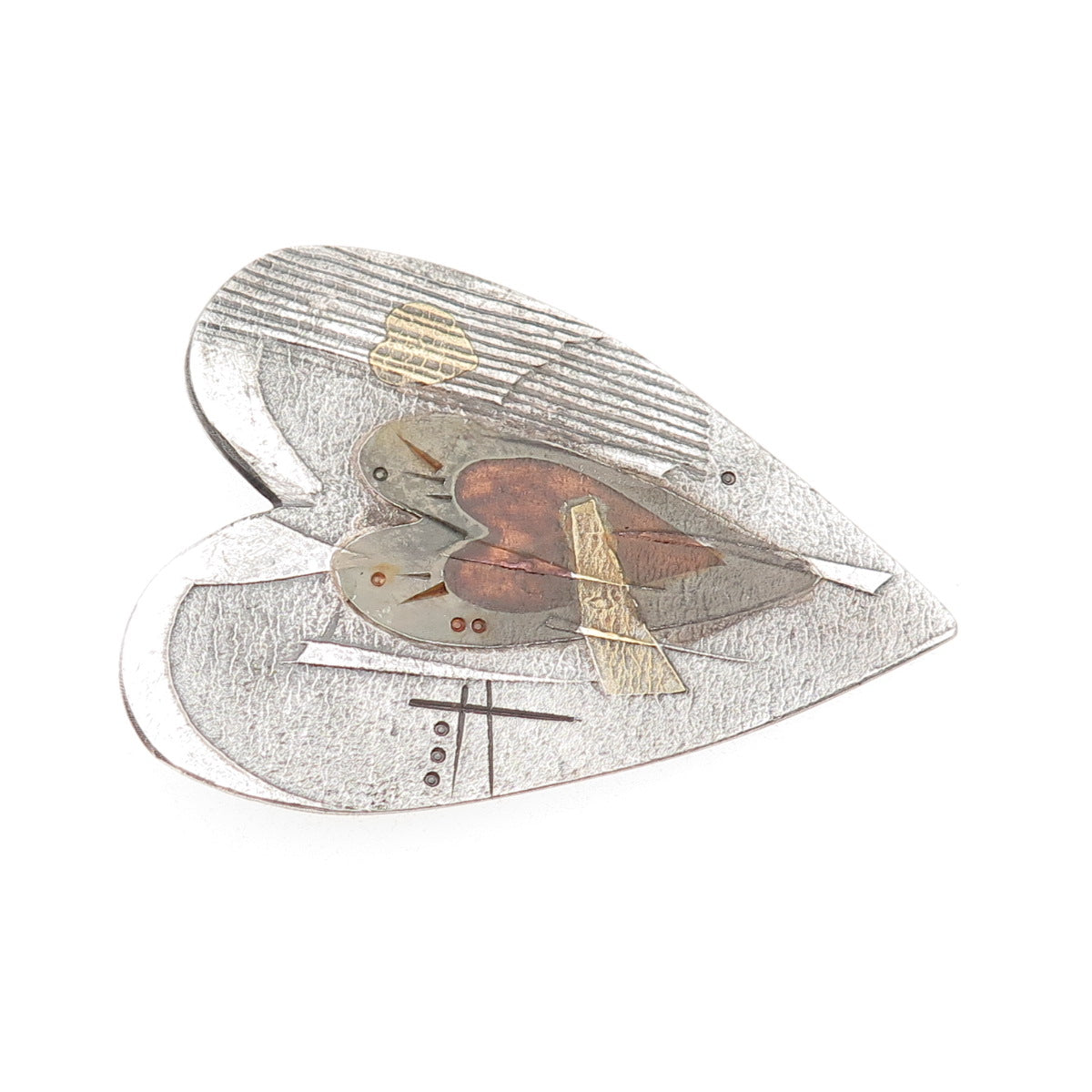 Mary Rogers 999 Fine Silver 22K Gold & Copper Vintage Amulet Heart Pin Brooch