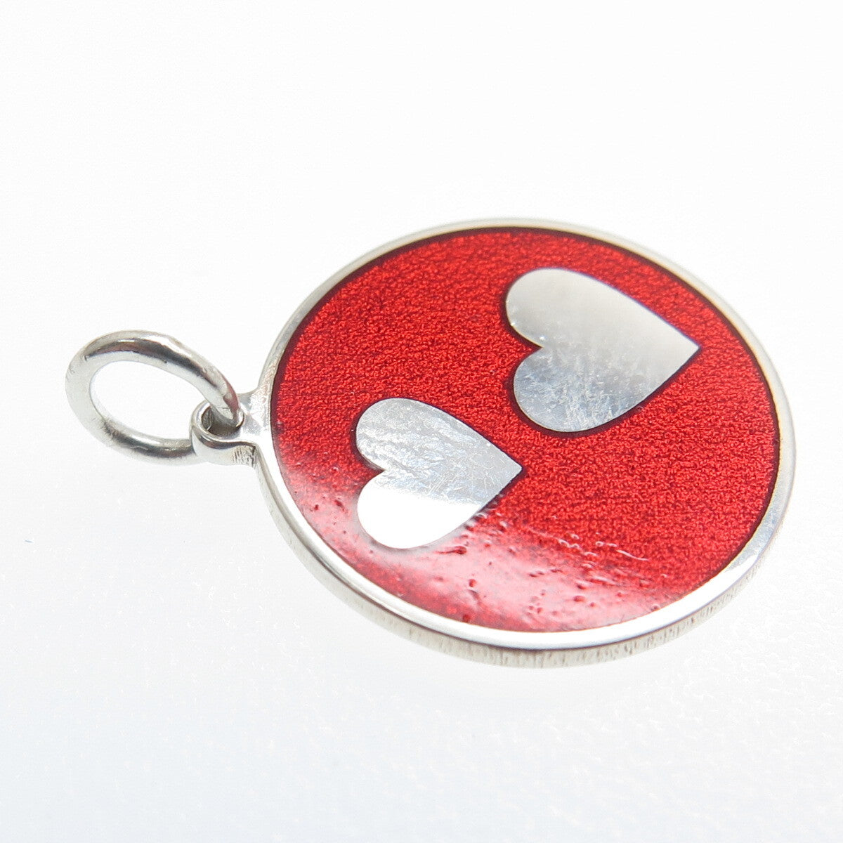 925 Sterling Silver Red Enamel Couple Hearts Round Tag Minimalist Charm Pendant