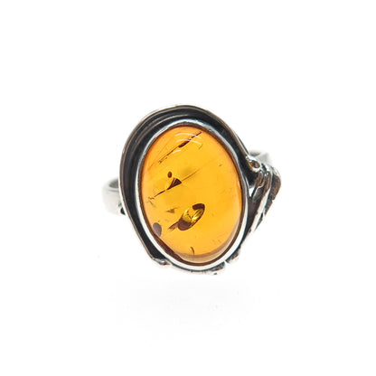 W. Kruk 925 Sterling Silver Vintage Poland Real Amber Modernist Ring Size 7