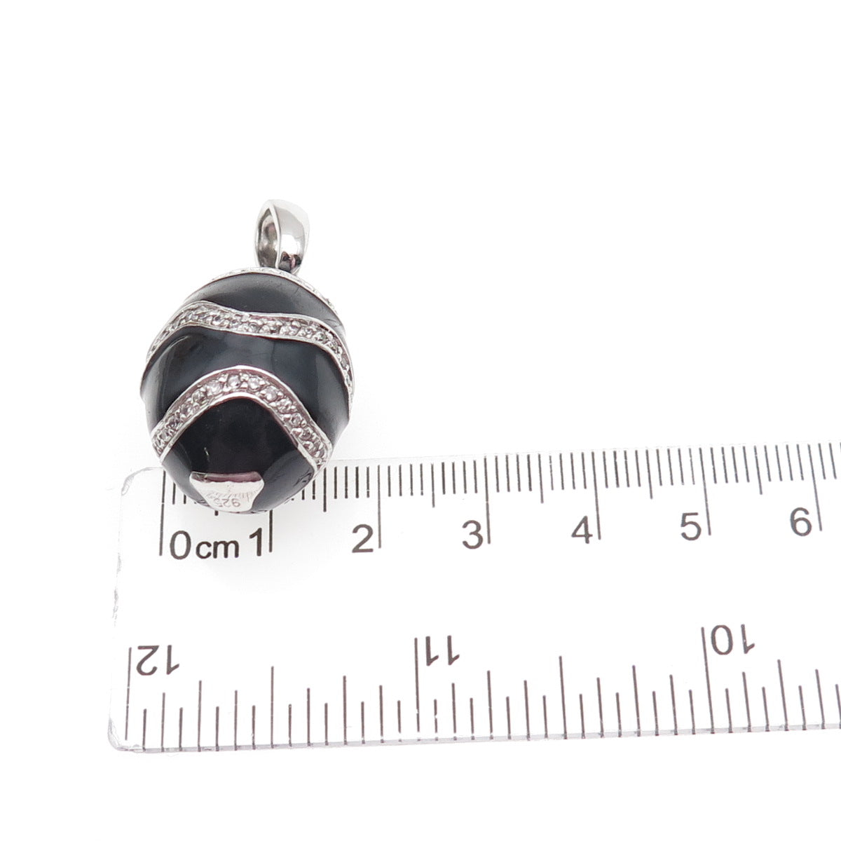 925 Sterling Silver Black Enamel Round-Cut C Z Easter Egg Charm Pendant