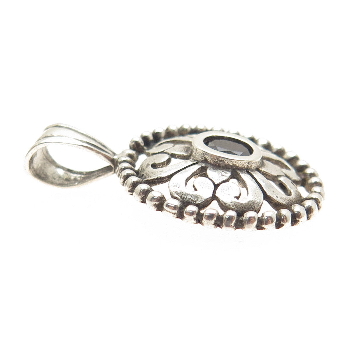 JEZLAINE 925 Sterling Silver Vintage Real Black Spinel Ornate Pendant