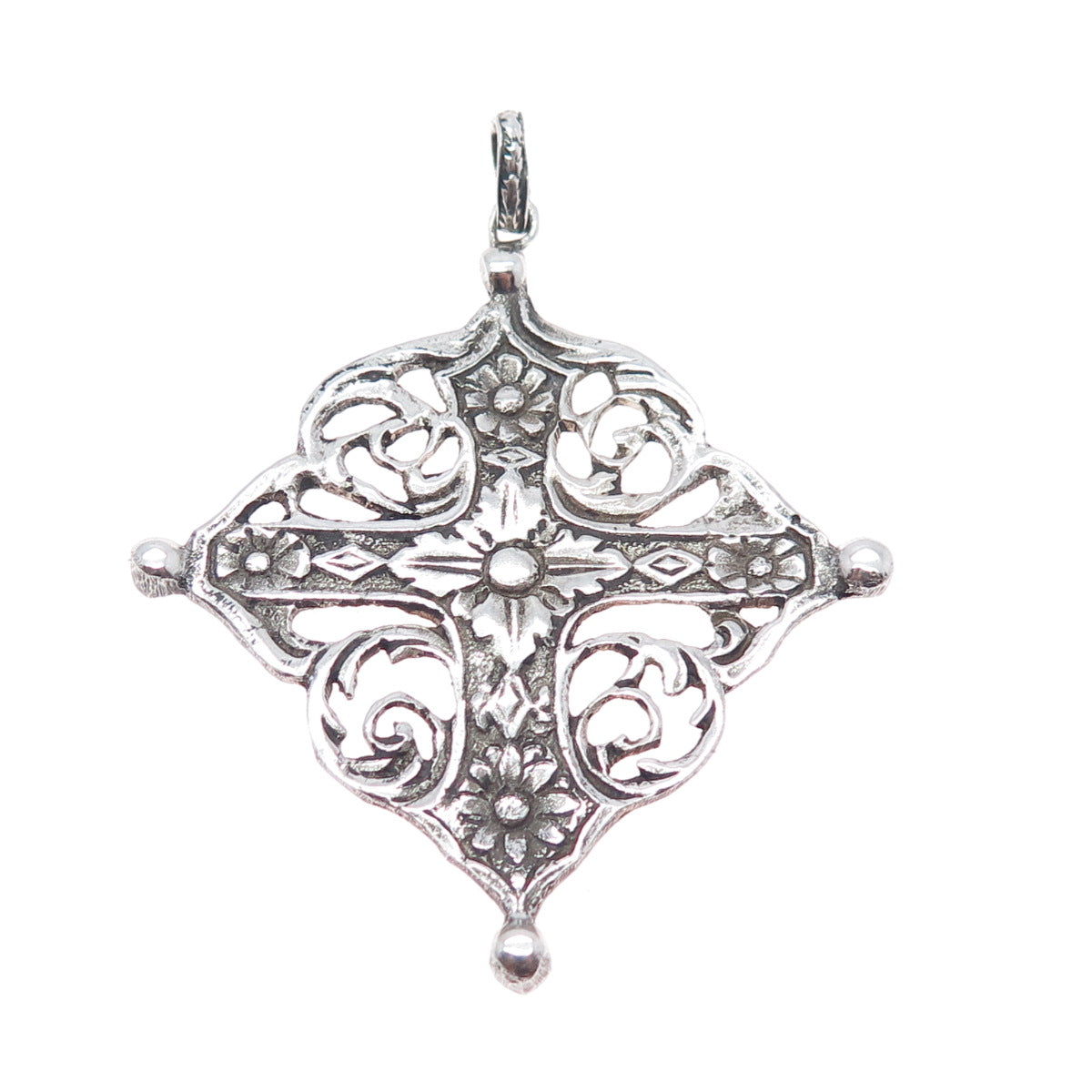 800 Silver Antique Art Deco Italy Flower Cross Religious Oxidized Pendant
