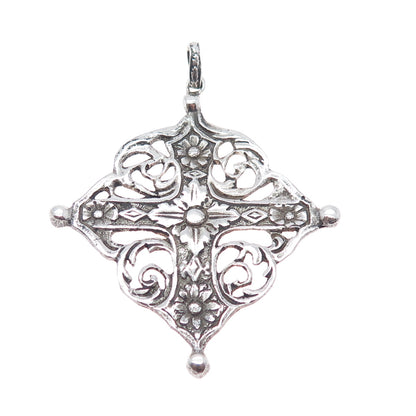800 Silver Antique Art Deco Italy Flower Cross Religious Oxidized Pendant