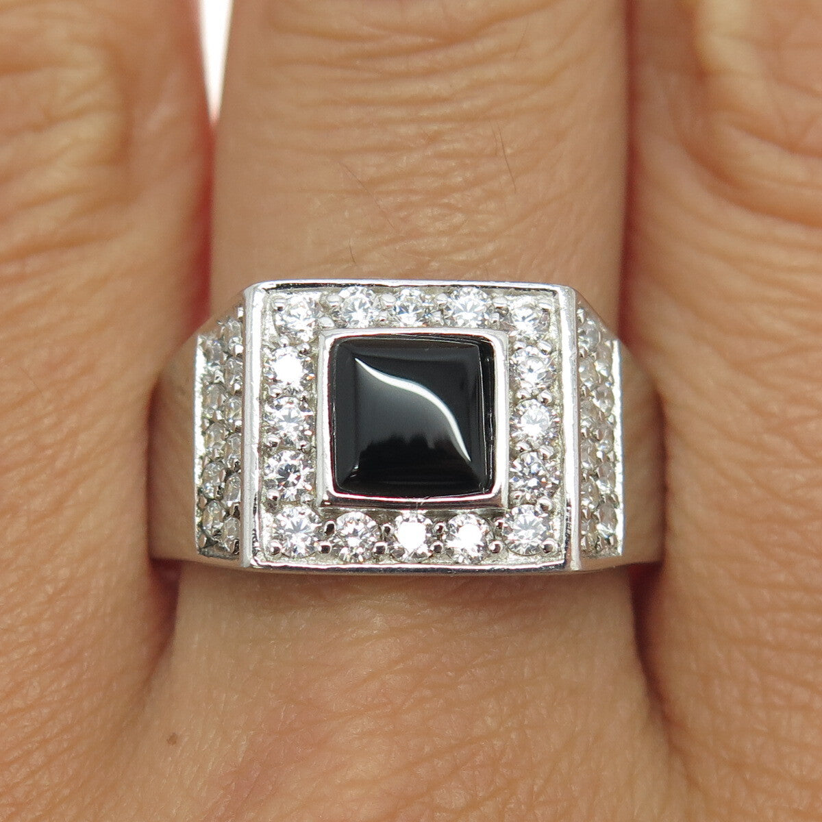 HAN 925 Sterling Silver Real Black Onyx Gemstone & C Z Ring Size 10.75