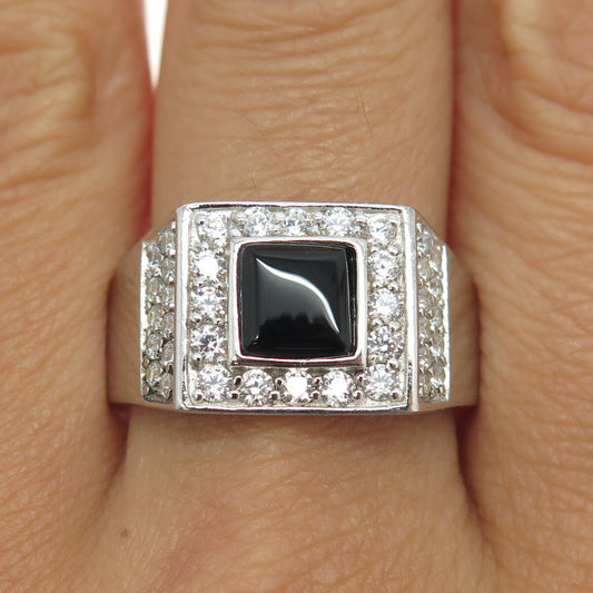 HAN 925 Sterling Silver Real Black Onyx Gemstone & C Z Ring Size 10.75