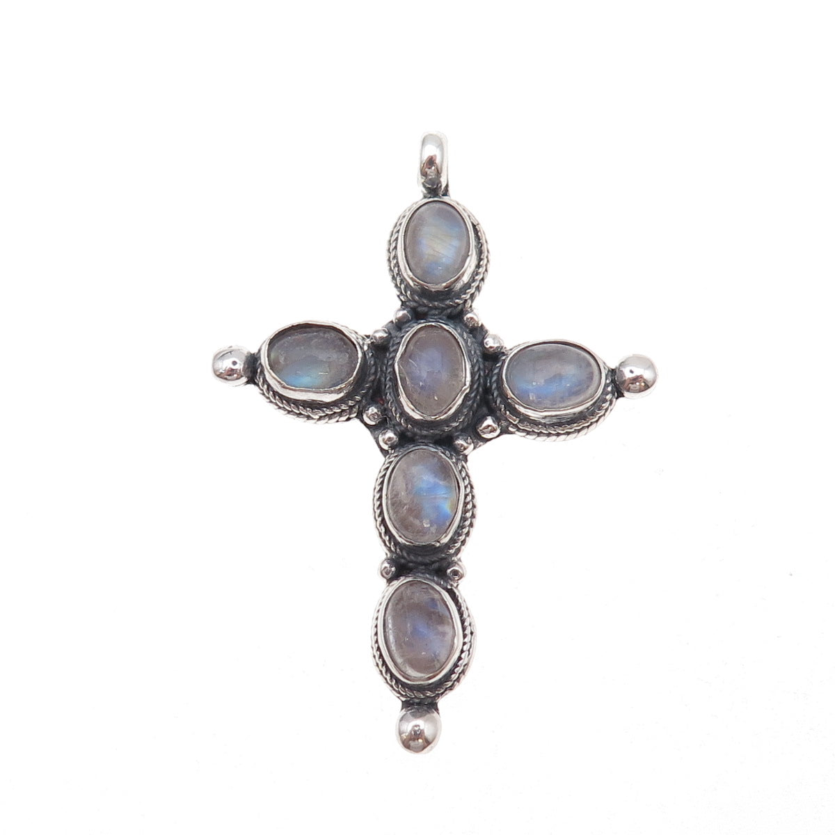 925 Sterling Silver Vintage Real Moonstone Cross Oxidized Pendant