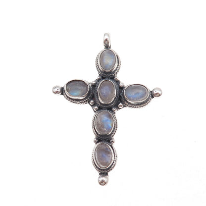 925 Sterling Silver Vintage Real Moonstone Cross Oxidized Pendant