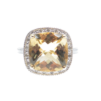 925 Sterling Silver Gold Plated Real Diamond & Cushion-Cut Citrine Ring Size 6