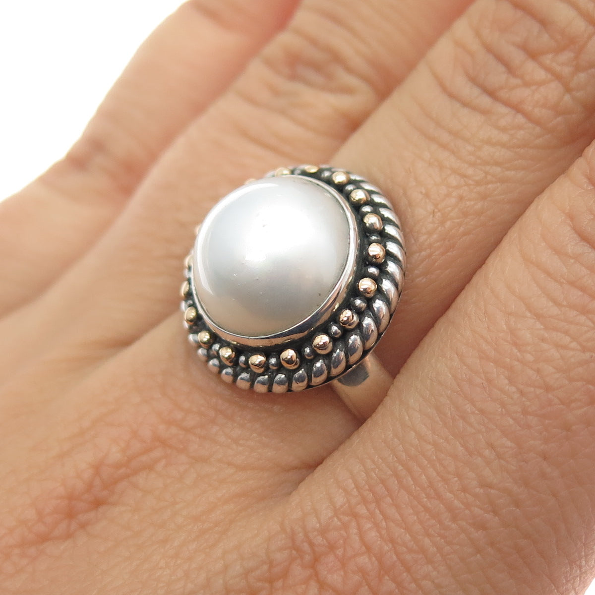 ROBERT MANSE 925 Sterling Silver 18K Gold Vintage Real Pearl Ring Size 8.75
