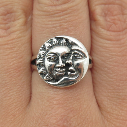 925 Sterling Silver Vintage Crescent Moon & Sun Face Ring Size 7.75