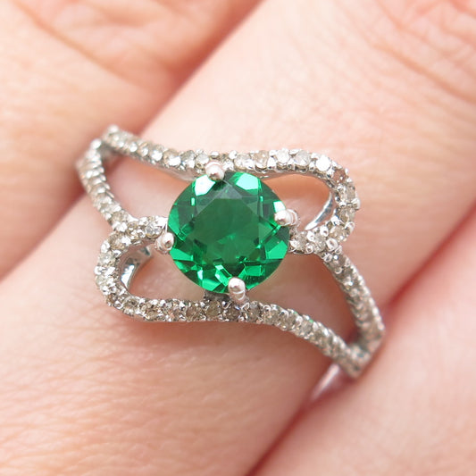 925 Sterling Silver Real Round-Cut Diamond & Chrome Diopside Ring Size 7.5