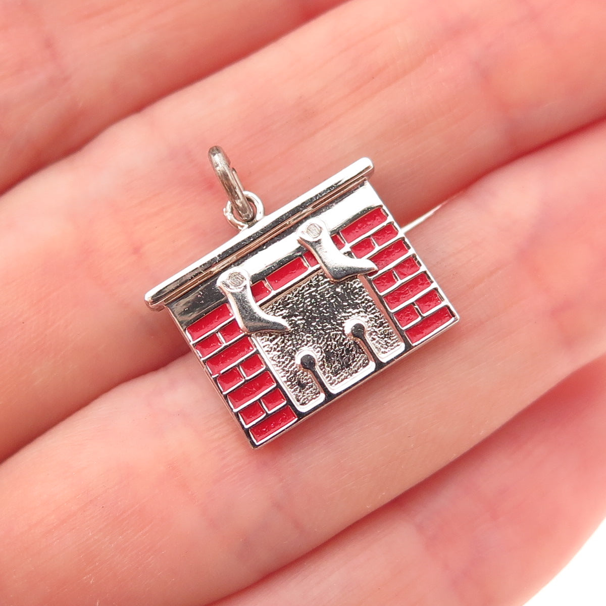 Wells 925 Sterling Silver Vintage Enamel Merry Christmas Fireplace Charm Pendant